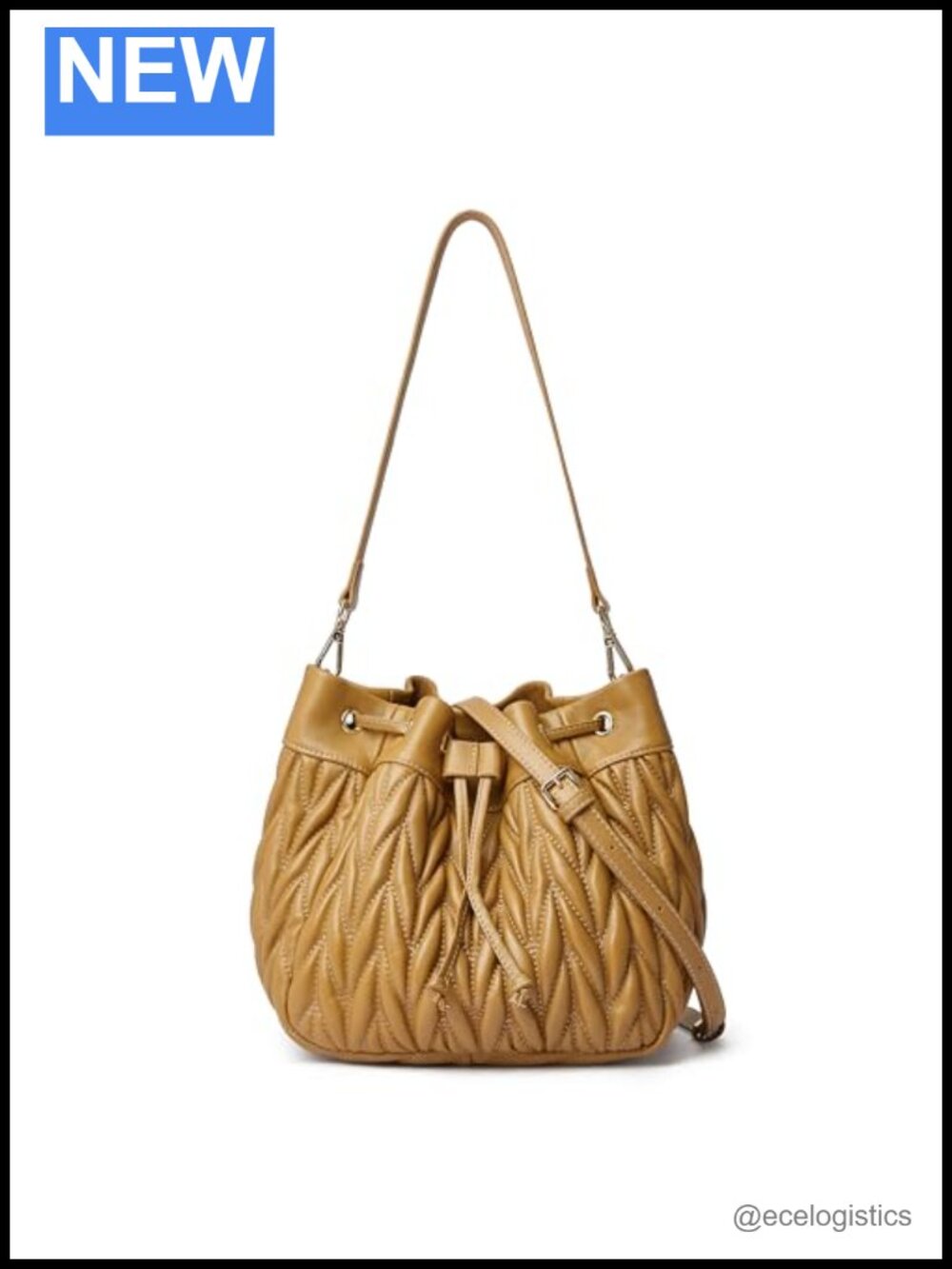 Lambskin Leather Quilted Drawstring Bucket Purse Shoulder Handbag Two Straps